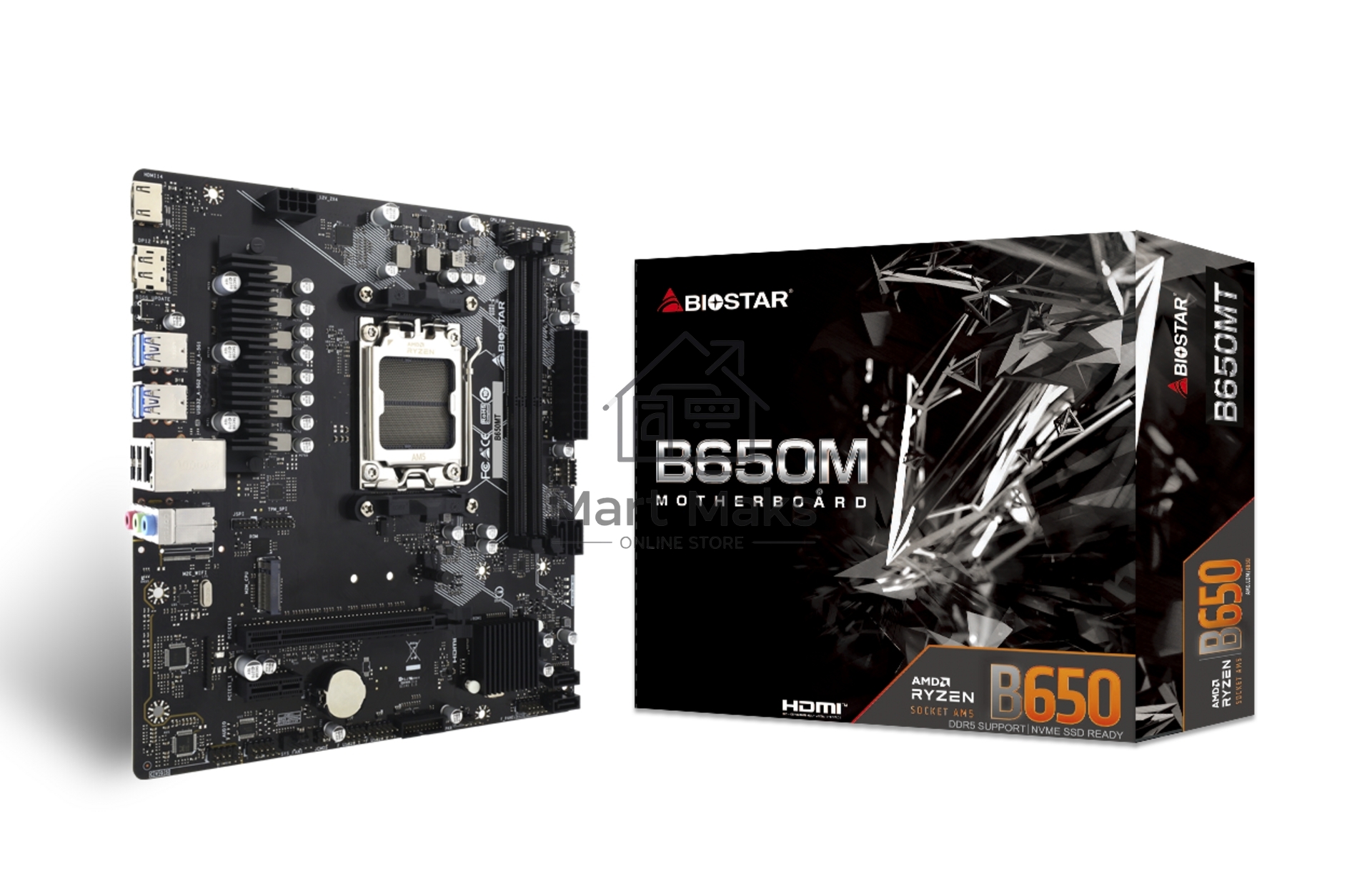 Материнская плата Biostar B650MT, AM5, AMD B650, 2xDDR5, 4xSATA, 1xM.2, 1xPCI-E 4.0 x16, 1xPCI-E x1, 1xHDMI, 1xDP, 1x 1Gb LAN, 4xUSB-A 3.2 Gen 1, 2xUSB-A 2.0, 3x3.5 мм, 7.1, Micro-ATX