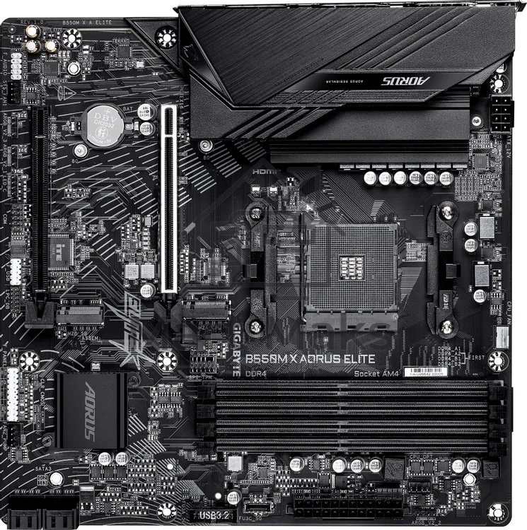 Материнская плата Gigabyte B550M X AORUS ELITE, AM4, AMD B550, 4xDDR4, 4xSATA, 2xM.2 PCIe 4.0/3.0, 1xPCIe 4.0 x16, 1xPCIe 3.0 x4, 1xHDMI, 1xDisplayPort, 1x 2.5Gb LAN, 4xUSB 3.2 Gen 1, 1xUSB Type-C 3.2 Gen 1, 2xUSB 2.0, 3x3.5 мм, 7.1, microATX