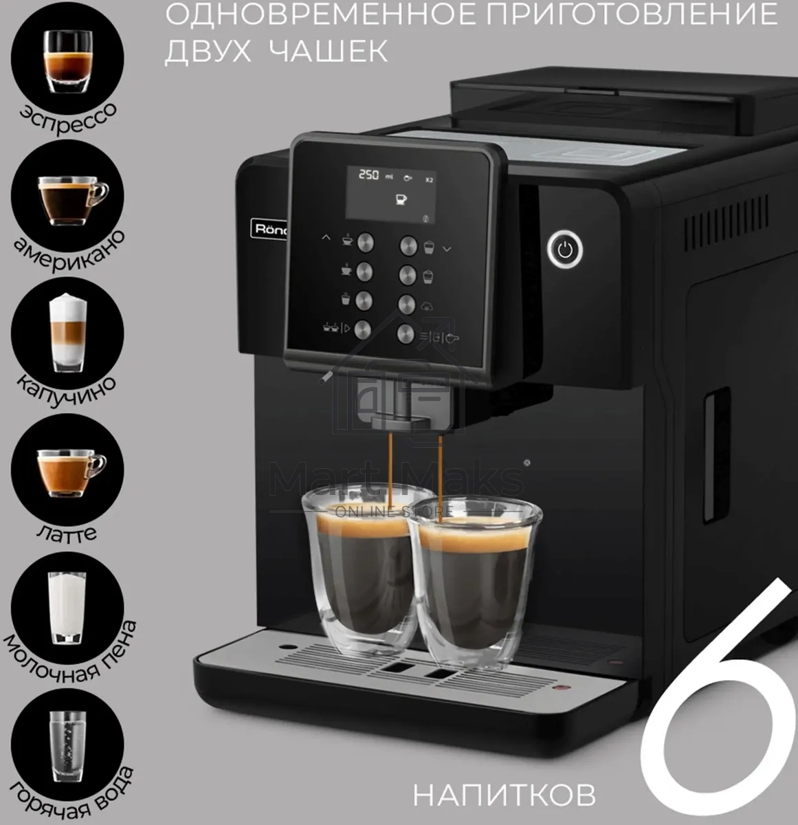Кофемашина автоматическая Rondell RDE-1107 черный, исп. кофе - молотый/зерновой, 1.6 л, 1350 Вт, 19 бар