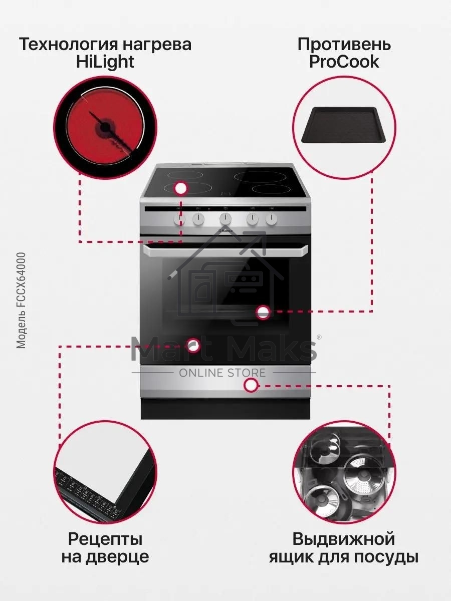 Плита электрическая Hansa FCCX64000 серебристый, конфорок 4 шт, духовка 69 л, 60 см x 85 см x 60 см