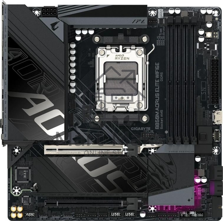 Материнская плата Gigabyte B850M AORUS ELITE WIFI6E, AM5, AMD B850, 4xDDR5, 4xSATA, 2xM.2, 1xPCIe 5.0 x16, 1xPCIe 3.0 x4, 1xDP (v1.4), 1x2.5Gb LAN, Wi-Fi 6E, Bluetooth 5.3, 2xUSB-C 10Gbps, 2xUSB-A 10Gbps, 5xUSB-A 5Gbps, 4xUSB-A 2.0, S/PDIF, 2x3.5 мм, 7.1, mATX