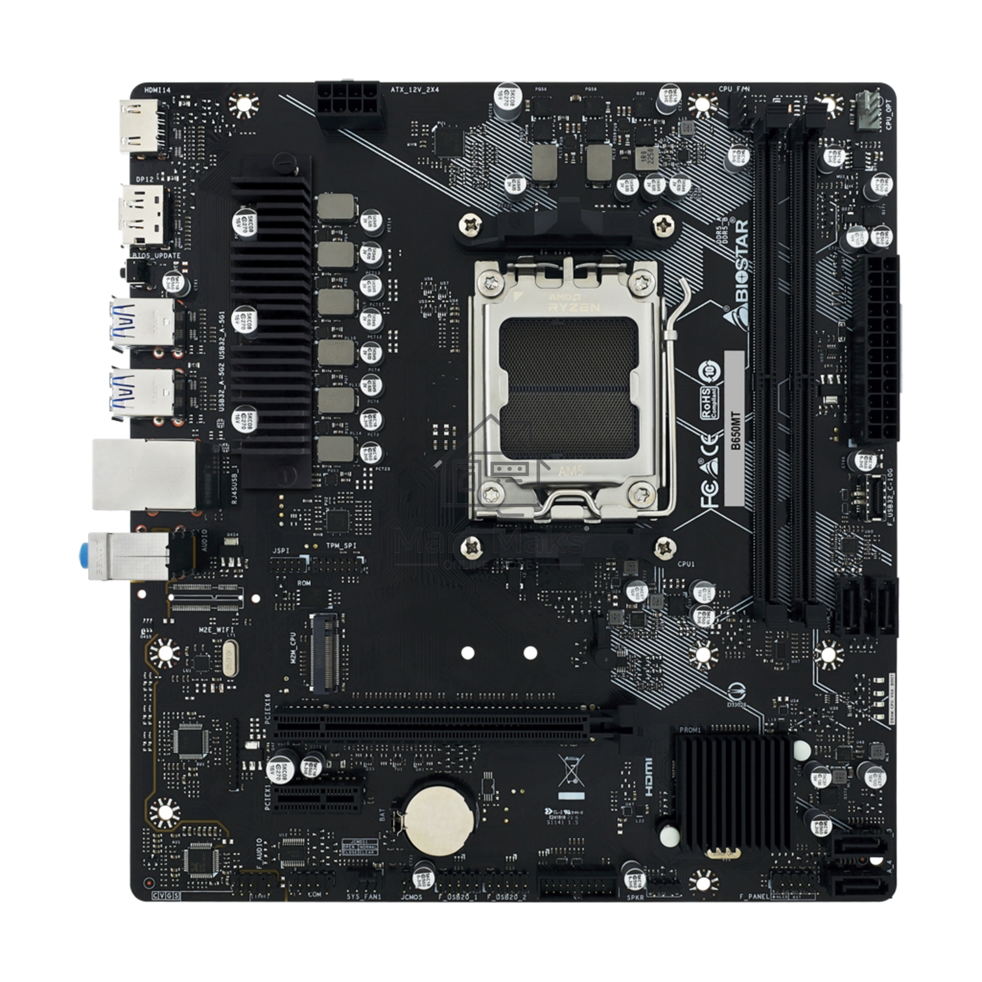 Материнская плата Biostar B650MT, AM5, AMD B650, 2xDDR5, 4xSATA, 1xM.2, 1xPCI-E 4.0 x16, 1xPCI-E x1, 1xHDMI, 1xDP, 1x 1Gb LAN, 4xUSB-A 3.2 Gen 1, 2xUSB-A 2.0, 3x3.5 мм, 7.1, Micro-ATX