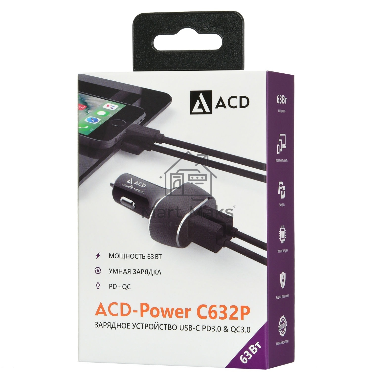 Автомобильное ЗУ ACD ACD-С632P-V1B 63Вт, 2xUSB 1PD+1QC, 3.6~20В/3А RTL