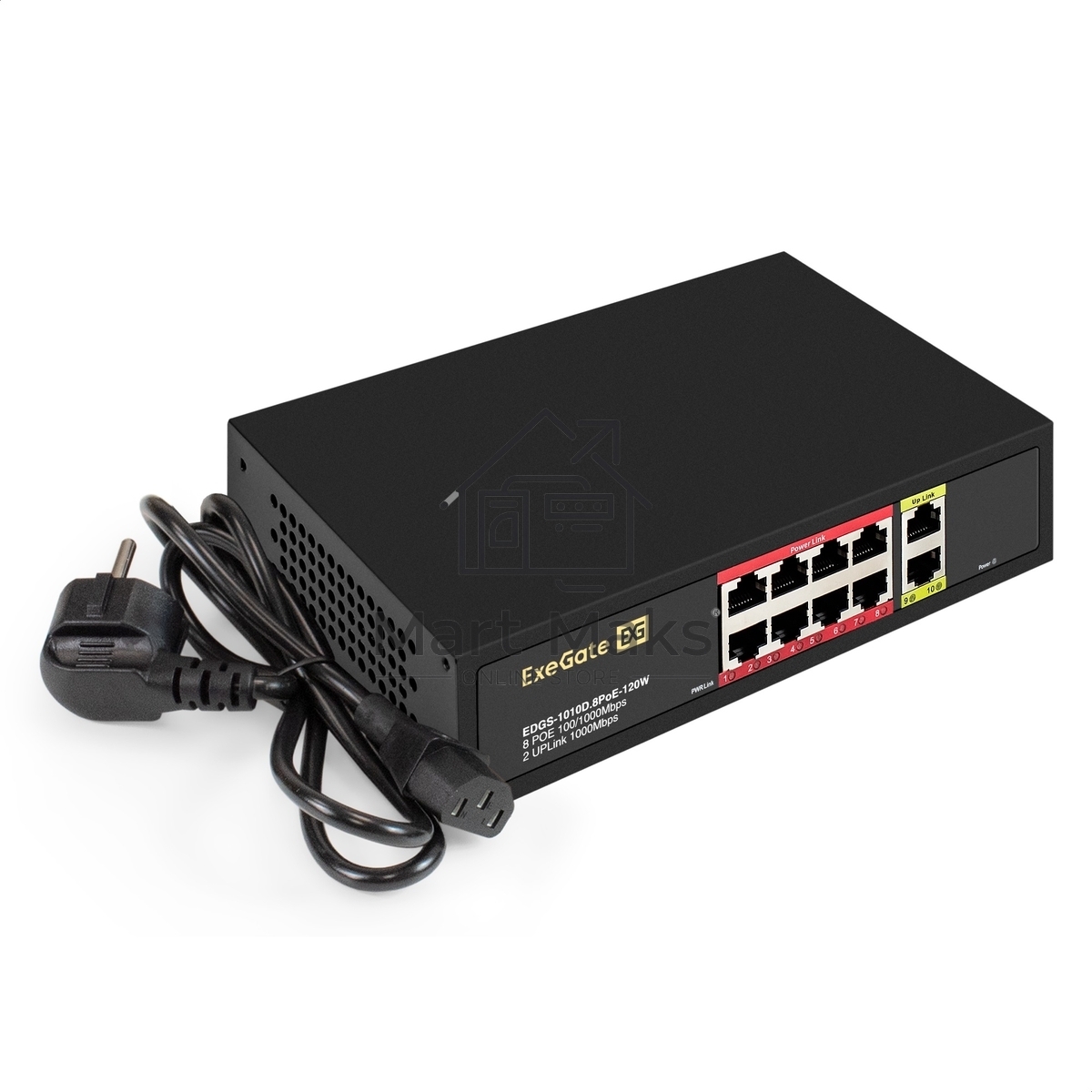 Коммутатор ExeGate EDGS-1010D.8PoE-120W, 8×1 Гбит/с PoE + 2×1 Гбит/с, неуправляемый
