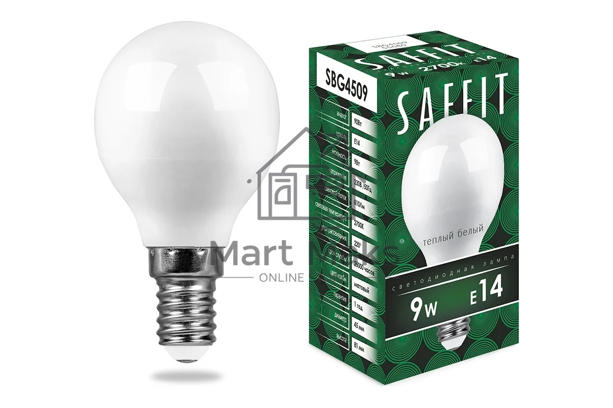 Лампа светодиодная SAFFIT SBG4509 (55080) 9 вт Е14 теплый матовый шар