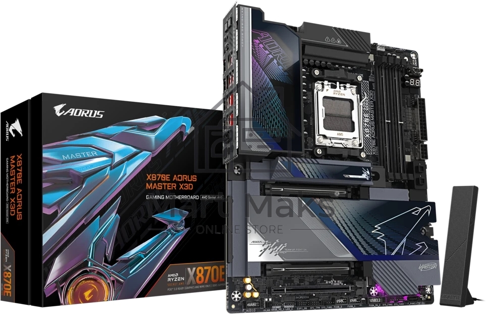Материнская плата Gigabyte X870E AORUS MASTER X3D, AM5, AMD X870E, 4xDDR5, 4xSATA, 5xM.2, 2xPCIe 5.0 x16, 1xPCIe 4.0 x16, 1xHDMI, 1x5Gb LAN, 1x10Gb LAN, Wi-Fi 7, Bluetooth 5.4, 2xUSB-C 40Gbps (USB4), 1xUSB-C 20Gbps, 1xUSB-C 10Gbps, 7xUSB-A 10Gbps, 3x3.5 мм + S/PDIF оптический, 7.1, ATX