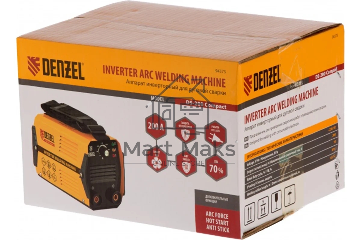 Сварочный аппарат Denzel ds-200 compact 94373 инвертор. дуговой сварки 200А пв 70%