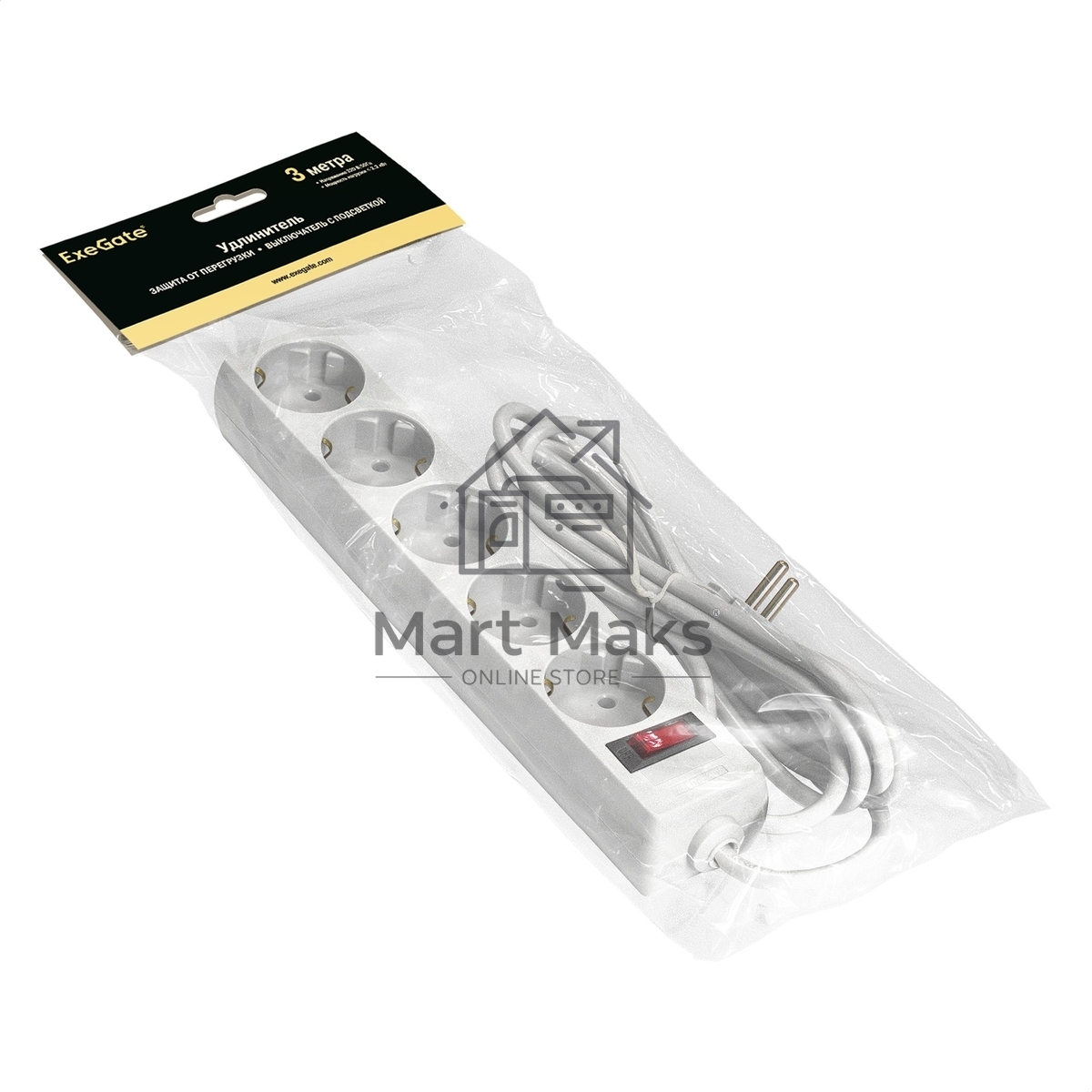 Удлинитель ExeGate EC-5-3W EX279360RUS белый, 3 м, евровилка, 5 розеток, 2200 Вт