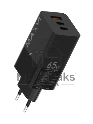 Сетевое зарядное устройство Maxvi A483GN 65W, 1xUSB-A, 2xUSB-C, черный