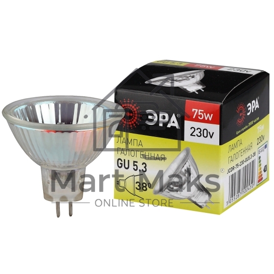 Лампочка галогенная ЭРА GU5.3-JCDR (MR16)-75W-230V-CL GU5.3 75Вт софит теплый белый свет