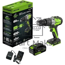 Дрель-шуруповерт GREENWORKS GD24DD60, 24 В, 0 Ач, 60 Нм, бесщеточный, ударный