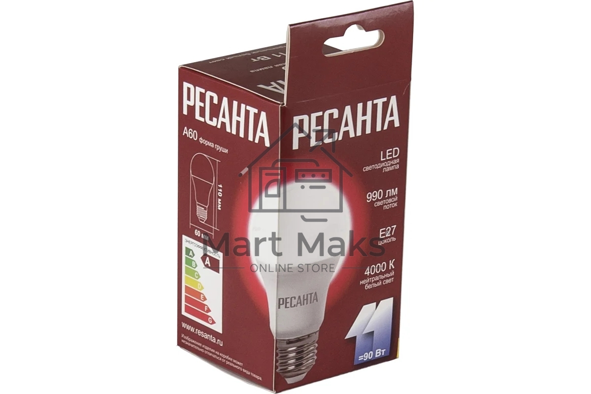 Лампа светодиодная Ресанта LL-R-A60-11W-230-4K-E27 груша, 11 Вт, нейтральный, Е27