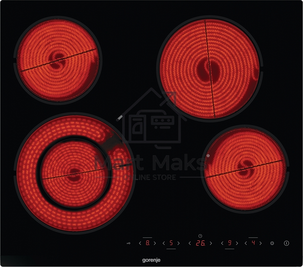 Варочная панель Gorenje ECT642BCSCE, 59 см, Hi-Light, 4 конфорки, таймер, сенсорное управление, шлифованный передний край, PowerBoost, дисплей, блокировка от детей, черный