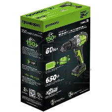 Дрель-шуруповерт GREENWORKS GD24DD60, 24 В, 0 Ач, 60 Нм, бесщеточный, ударный