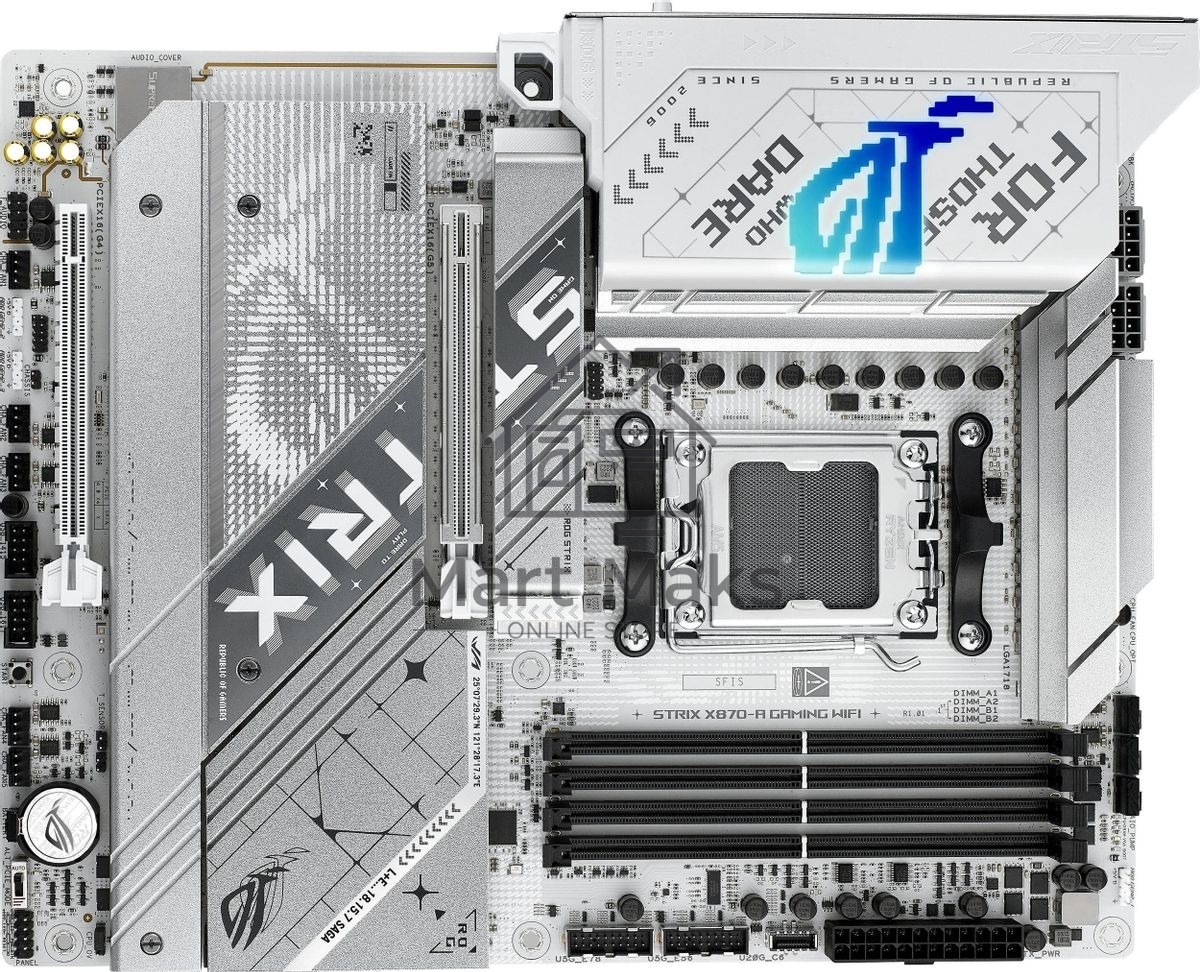 Материнская плата ASUS ROG STRIX X870-A GAMING WIFI, AM5, AMD X870, 4xDDR5, 2xSATA, 4xM.2, 1xPCI-E 4.0 x4, 1xPCI-E 5.0 x16, 1xHDMI, 1xDP, 1x 2.5Gb LAN, 4xUSB-A 3.2 Gen 1, 5xUSB-A 3.2 Gen 2, 1xUSB-C 3.2 Gen 2, 2xUSB4, 2x3.5 мм, 7.1, ATX
