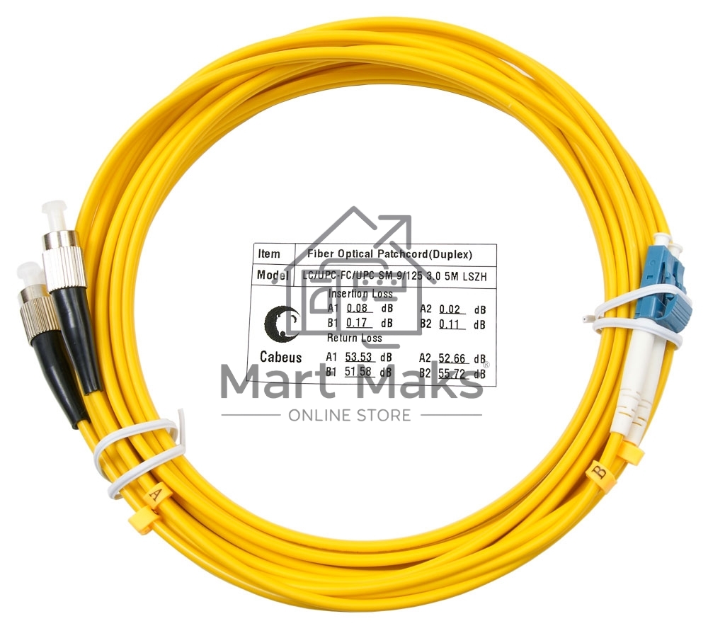 Патч-корд оптический Cabeus Tight Buffer, Duplex LC/FC, OS2 9/125, LSZH, 5м, Ø 3мм, чёрный хвостовик, жёлтый