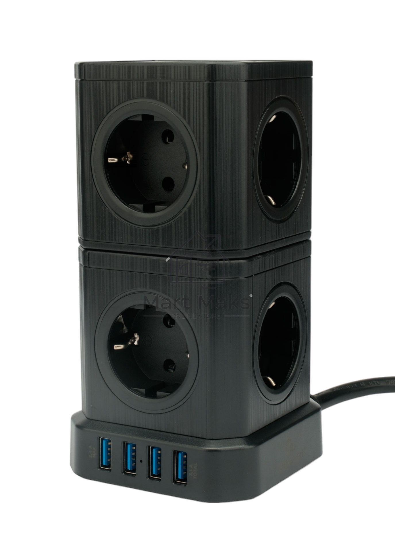 Сетевой фильтр Cablexpert Tower TWR-9-U4-B-2, 9р, 16А, 4хUSB, 3.1А, 2м, ур.защиты 4+, черный, коробка