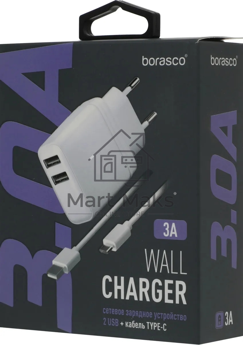 Сетевое зарядное устройство BoraSCO 15W 3A 2xUSB универсальное белый (52580)