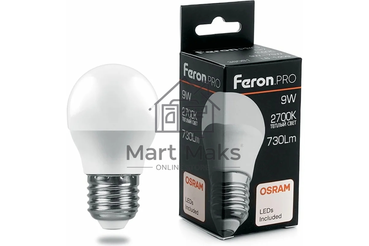 Лампа светодиодная FERON PRO LB-1409 (38080) 9 вт Е27 теплый матовый шар