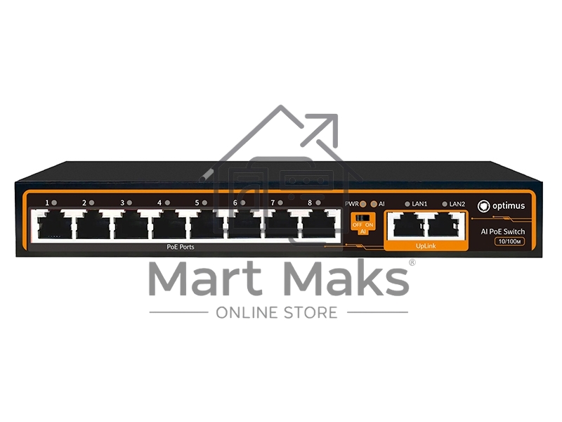 Коммутатор Optimus U1E-8F/2F, 8×100 Мбит/с PoE+ + 2×100 Мбит/с Uplink, неуправляемый