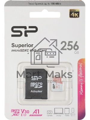 Флеш карта microSD 256Gb Silicon Power Superior A1 microSDXC Class 10 UHS-I U3 100/80 Mb/s (SD адаптер)