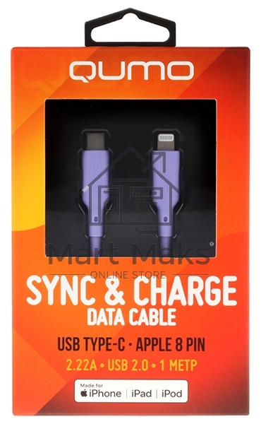 Кабель QUMO, MFI С94, Type-C на MFI Apple 8 pin, силиконовый, 1м, 2,22A, 9V, 20W, PD (фиолетовый)