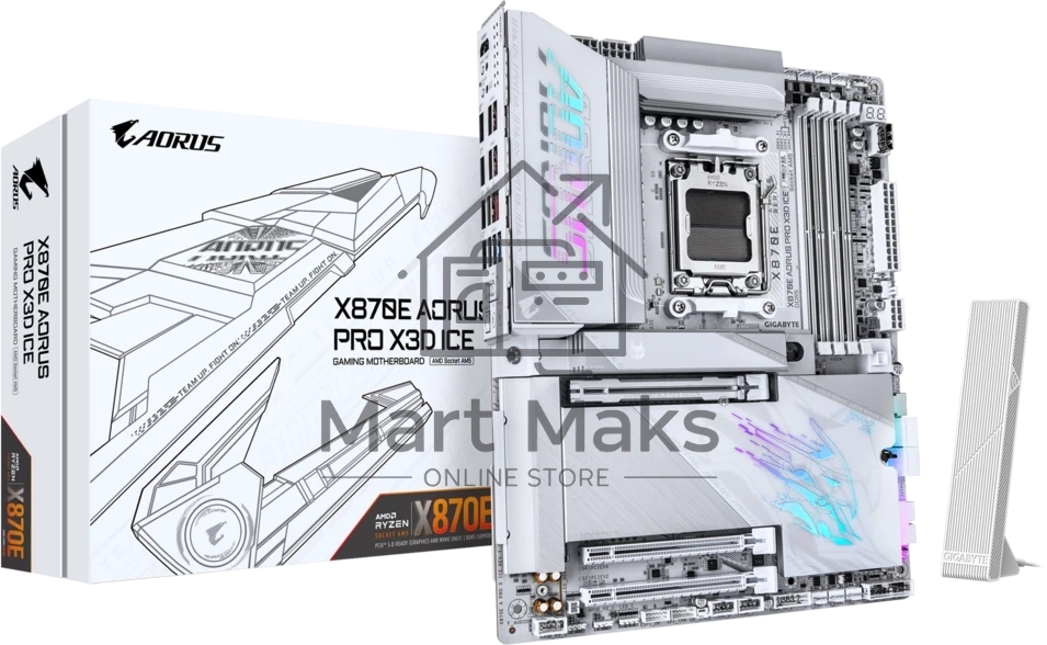 Материнская плата Gigabyte X870E AORUS PRO X3D ICE, AM5, AMD X870E, 4xDDR5, 4xSATA, 4xM.2, 1xPCIe 5.0 x16, 1xPCIe 4.0 x16, 1xPCIe 3.0 x16, 1xHDMI, 1x5Gb LAN, Wi-Fi 7, Bluetooth 5.4, 2xUSB-C 40Gbps (USB4), 2xUSB-C 10Gbps, 5xUSB-A 10Gbps, 3xUSB-A 5Gbps, 3x3.5 мм + S/PDIF оптический, 7.1, белый, ATX
