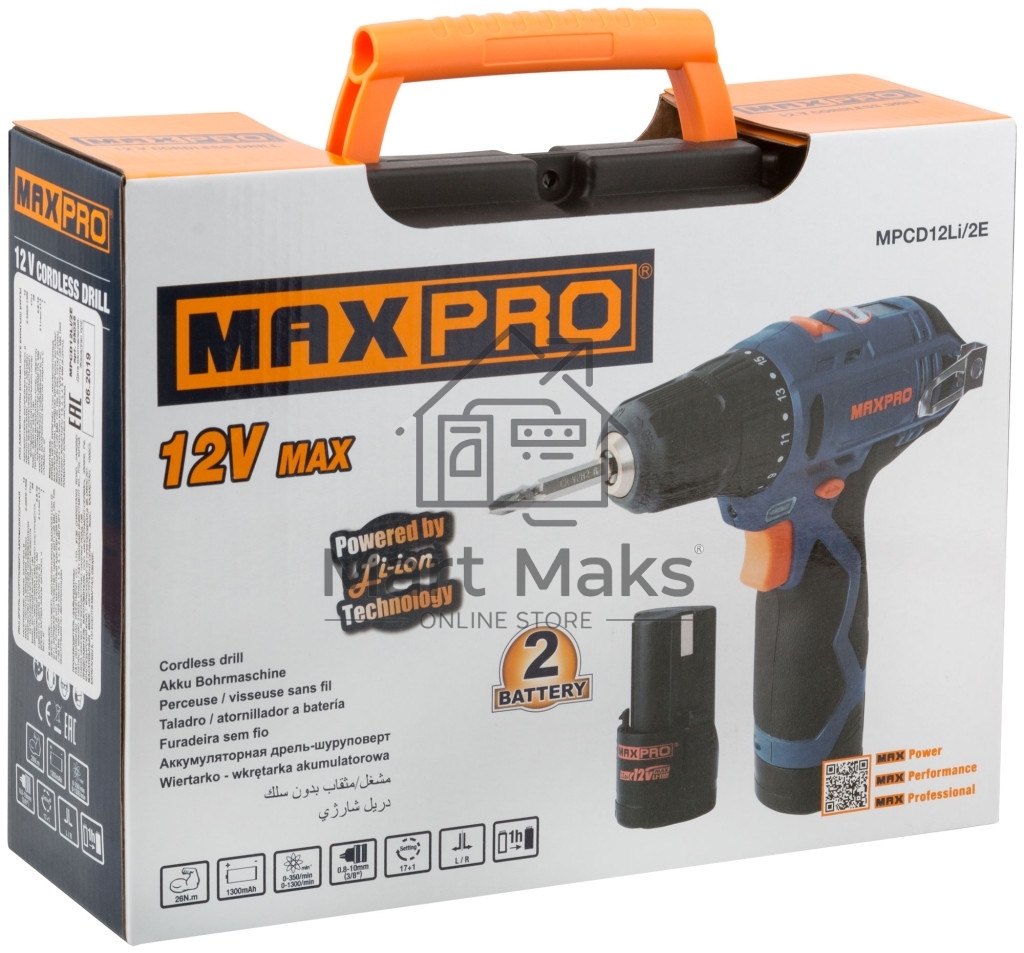 Дрель-шуруповерт MAX-PRO 85026, Аккумуляторная, 12В, 2 АКБ, Кейс