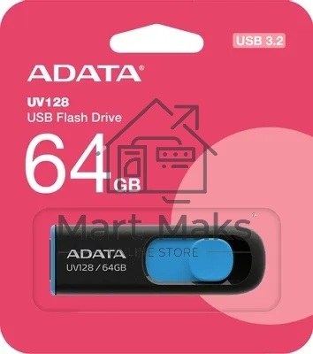Флешка USB ADATA UV128 (AUV128-64G-RBE), 64Gb, USB 3.0, R/W 100/30, черный/синий