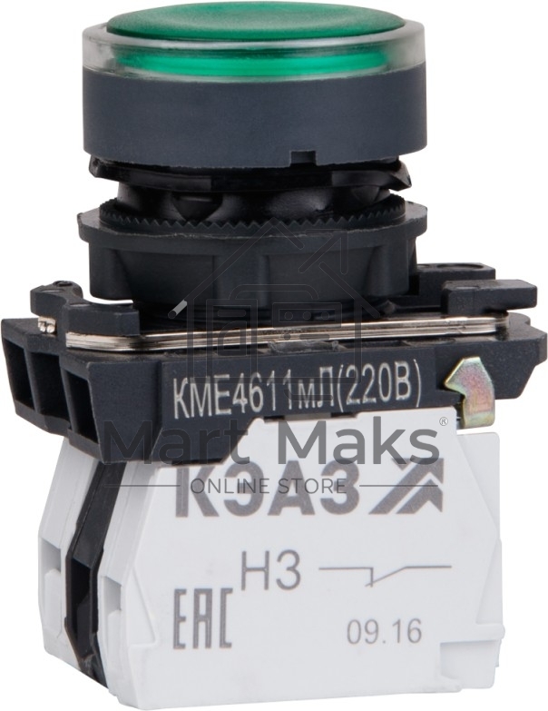 Кнопка КМЕ4611мЛ-24В-зеленый-1но+1нз-цилиндр-индикатор-IP65-КЭАЗ