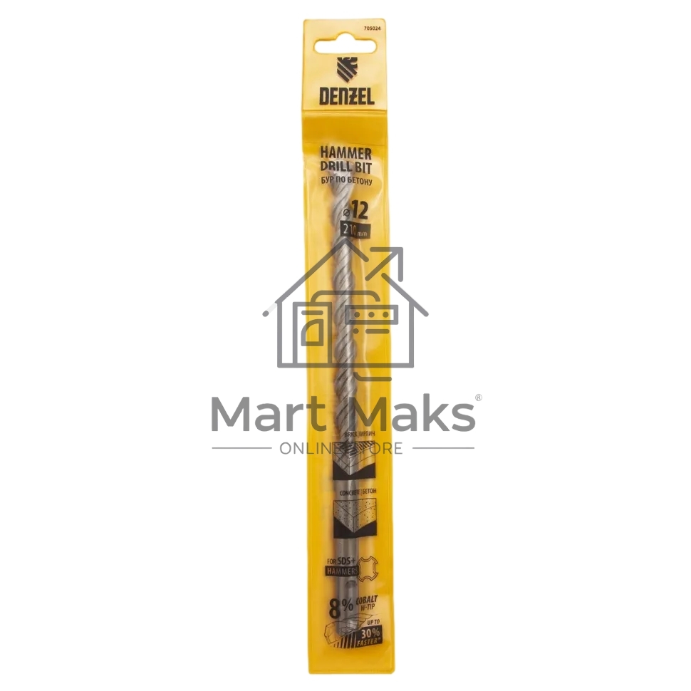 Бур по бетону Denzel двойная спираль, Cobalt W-tip, 12x210 мм, SDS PLUS