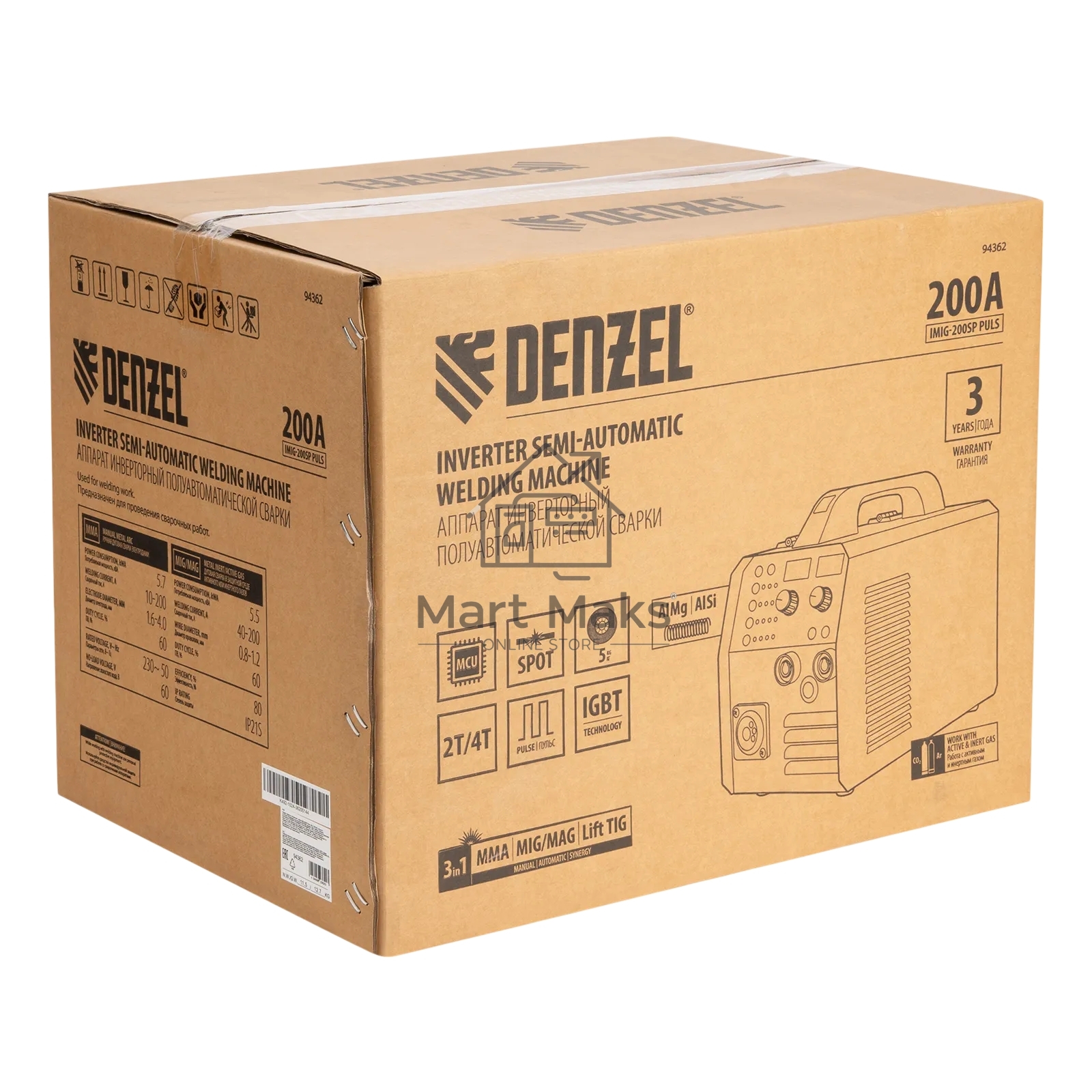 Аппарат инвертор. полуавтомат. cварки Denzel IMIG-200SP Pulse, 200 А, ПВ 60%, катушка 5 кг