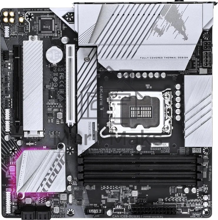 Материнская плата Gigabyte B760M AORUS ELITE WIFI6E GEN5, LGA1700, Intel B760, 4xDDR5, 4xSATA, 2xM.2 PCIe 4.0, 1xPCIe 5.0 x16, 1xPCIe 4.0 x4, 1xHDMI, 1xDisplayPort, 1x 2.5Gb LAN, 1xUSB 3.2 Gen2x2 Type-C, 1xUSB 3.2 Gen2 Type-A, 3xUSB 3.2 Gen1, 4xUSB 2.0, 2x3.5 мм, 7.1, microATX