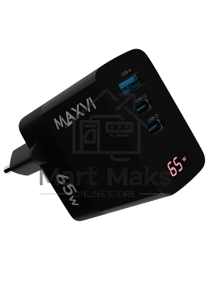 Сетевое зарядное устройство Maxvi A583GN Type-C 65W + Type-C 40W + USB 22W, GAN, PD, QC, LED дисплей, черный