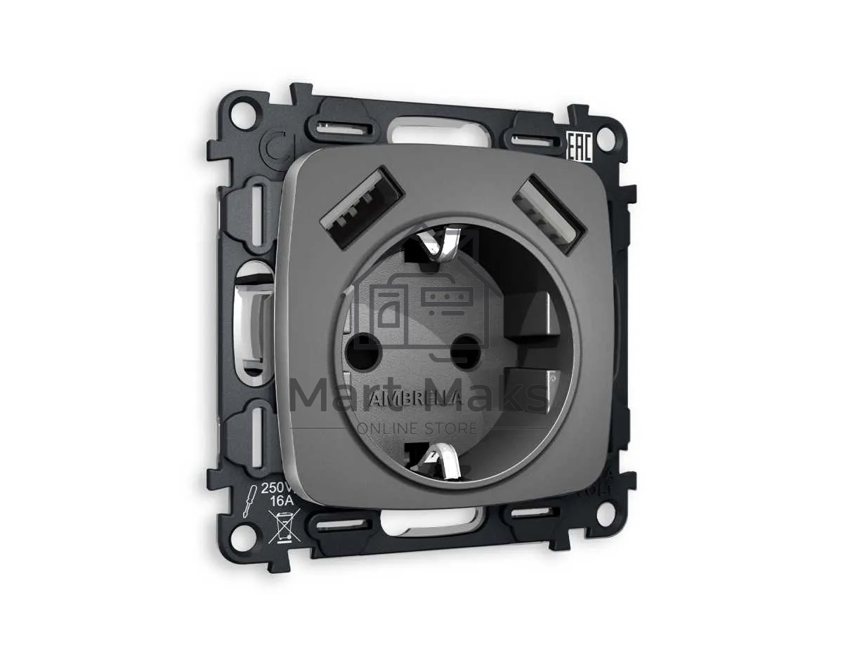 Комплект механизма электрической розетки OMEGA Антрацит серый 2USB A+A 18W (быстрая зарядка) с/з QUANT (OP6590, VM155) MO659010