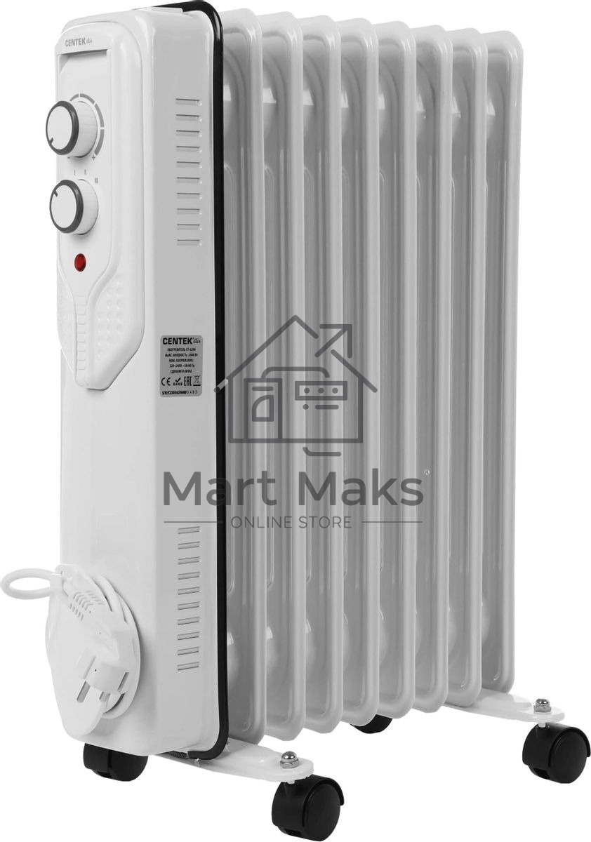 Масляный обогреватель Centek CT-6206 (9 секций), белый, 1000/1500/2000 Вт, 20 м2, 3 режима, термостат