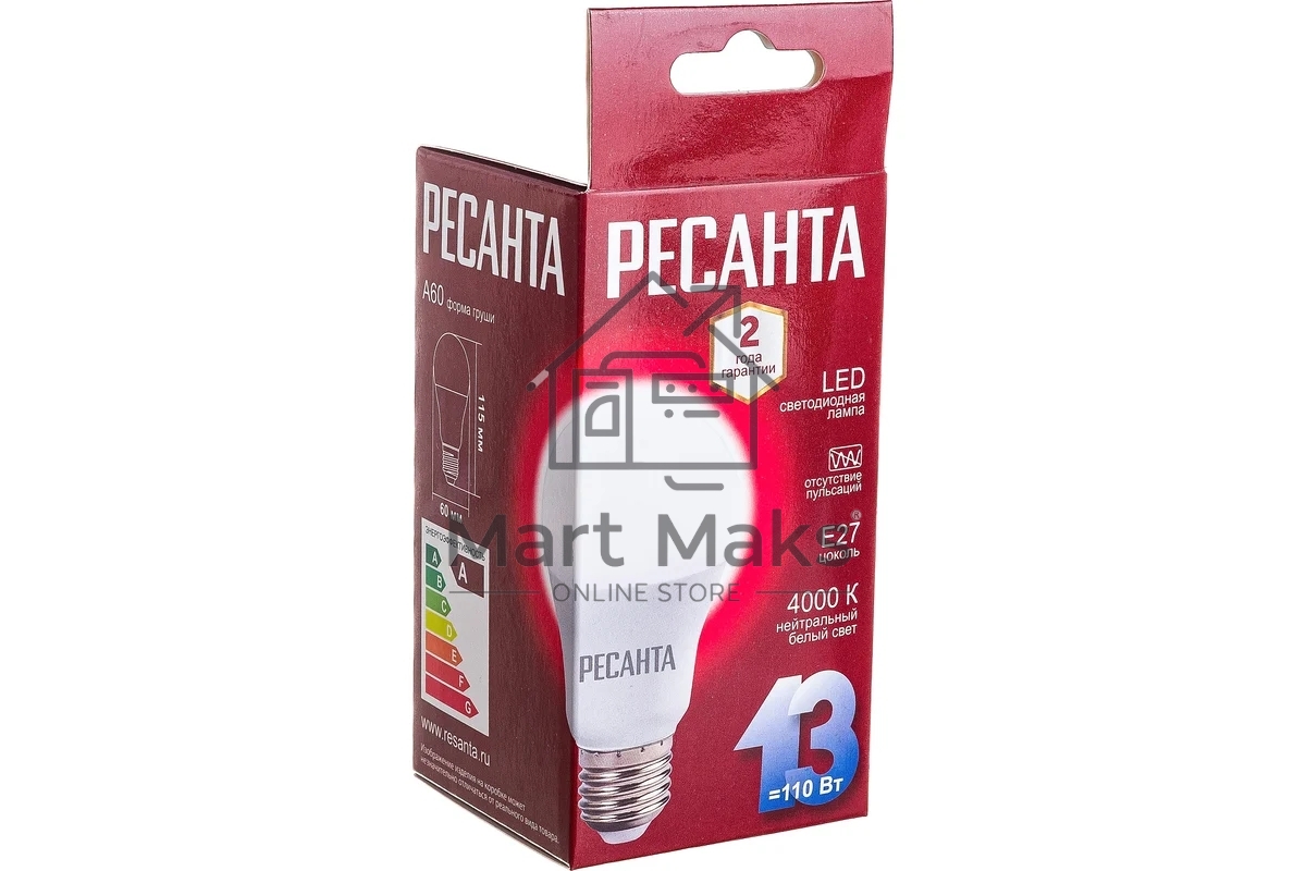 Лампа светодиодная Ресанта LL-R-A60-13W-230-4K-E27 груша, 13 Вт, нейтр., Е27