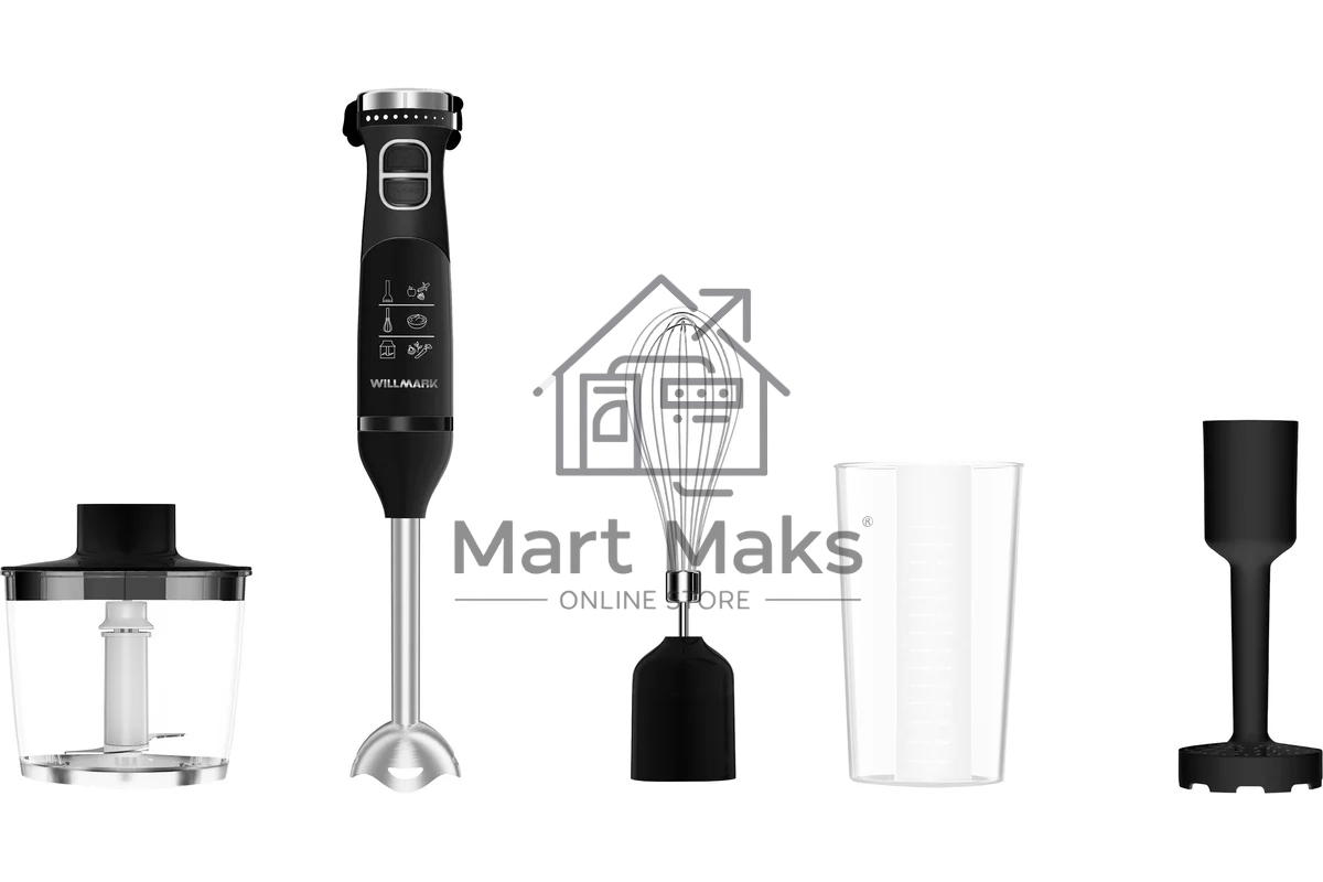 Блендер погружной Willmark WHB-1155BS(soft touch,стак.600мл.,венчик, нас.пюре,измельч, черный 1000W)