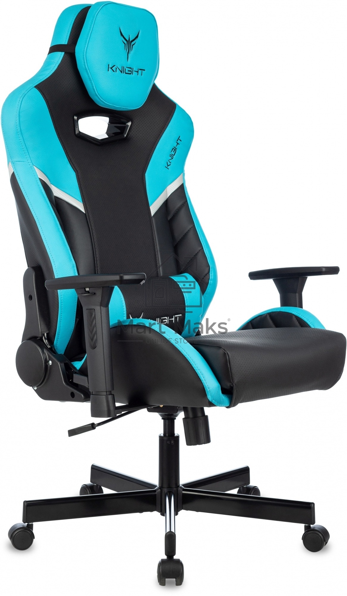Кресло игровое Knight Thunder 5X черный/голубой эко.кожа крестов. металл