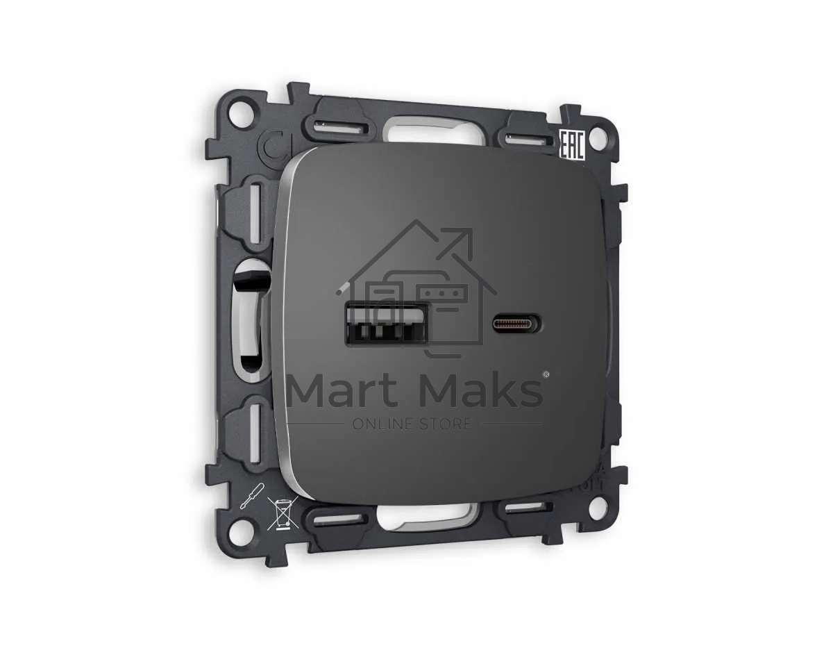 Комплект механизма розетки OMEGA Антрацит серый 2USB A+C 20W (быстрая зарядка) QUANT (OP6610, VM177) MO661010
