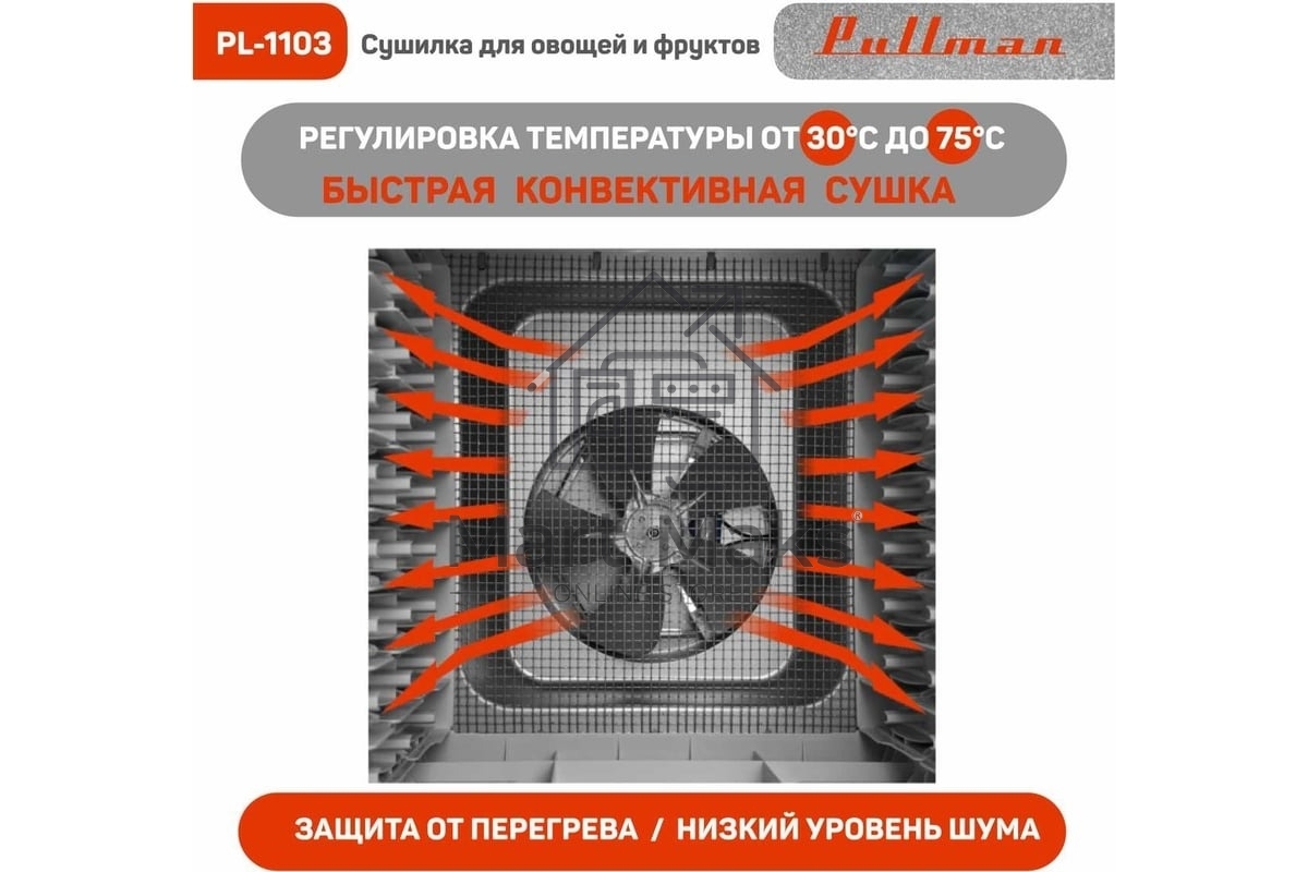 Сушилка для овощей и фруктов Pullman PL-1103, 9 уровней, 18 поддонов, 700Вт, белый