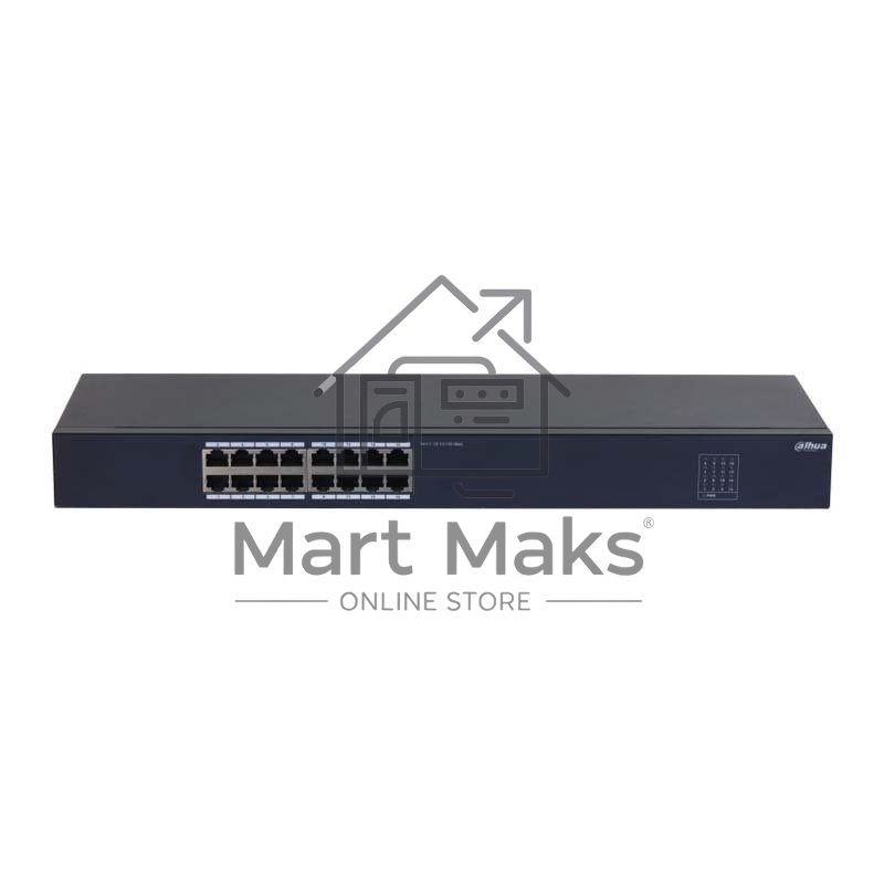 Неуправляемый 16-портовый коммутатор DAHUA DH-SF1016 16xRJ45 100Mb, коммутация 3.2 Gbит/с, MAC-таблица 8К, металл