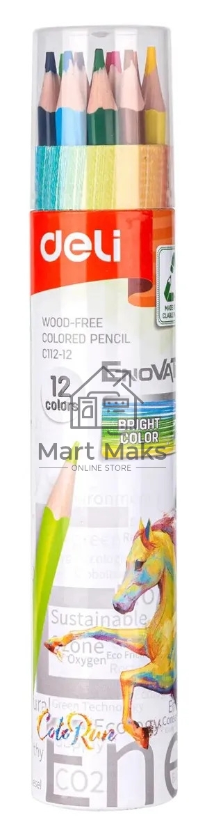 Карандаши цветные Deli EC112-12 Enovation, трехгранный профиль, пластик 12 цветов, картонный тубус (12шт)