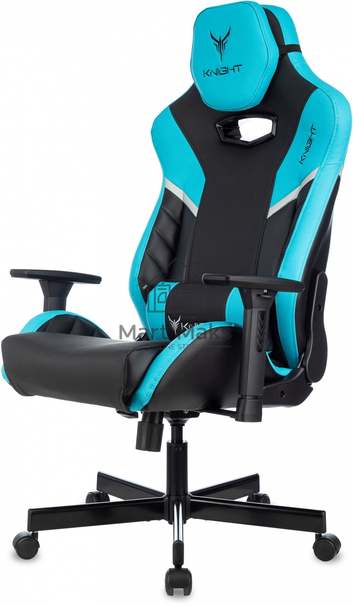 Кресло игровое Knight Thunder 5X черный/голубой эко.кожа крестов. металл