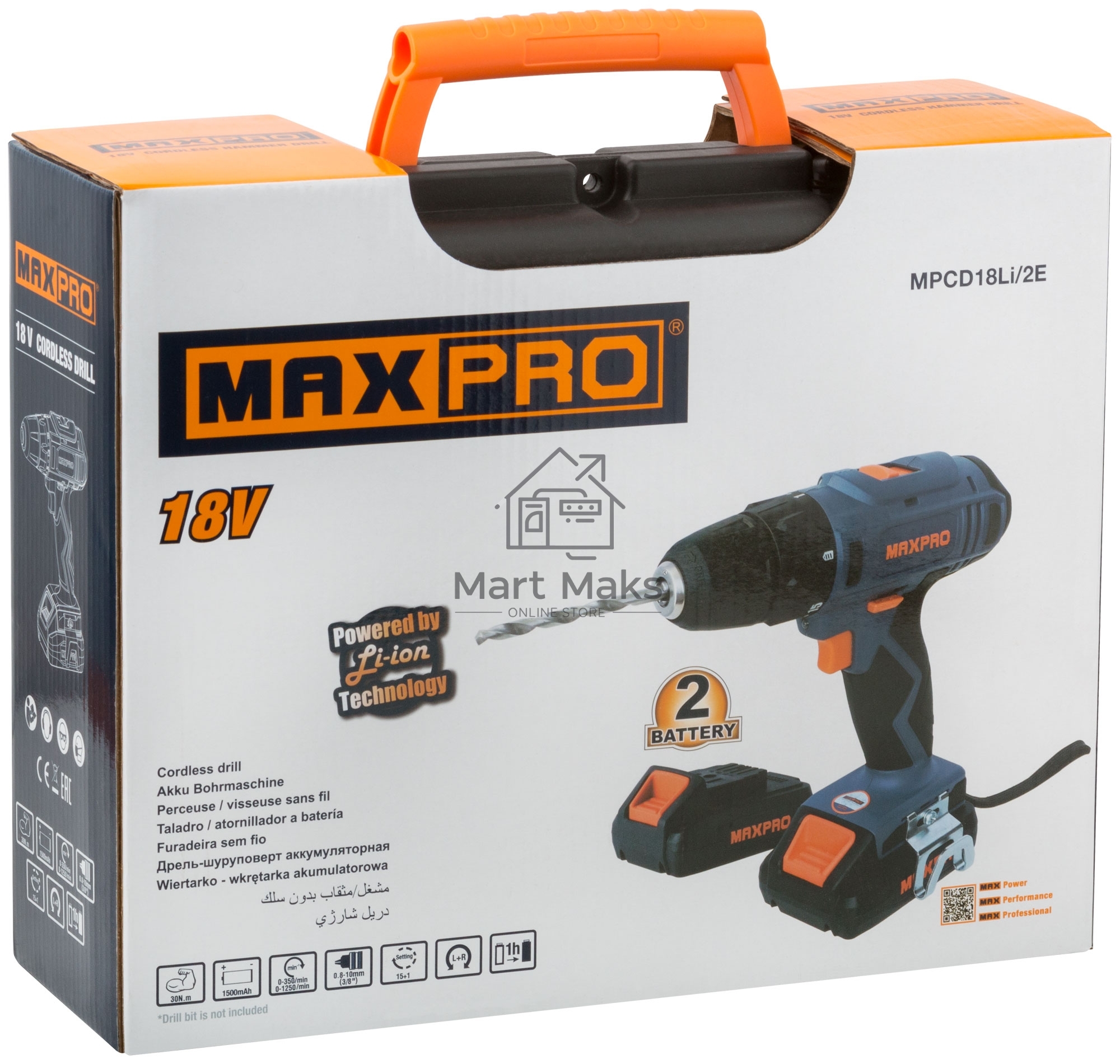 Дрель-шуруповерт MAX-PRO 85030, Аккумуляторная, 18В, 2 АКБ, Кейс