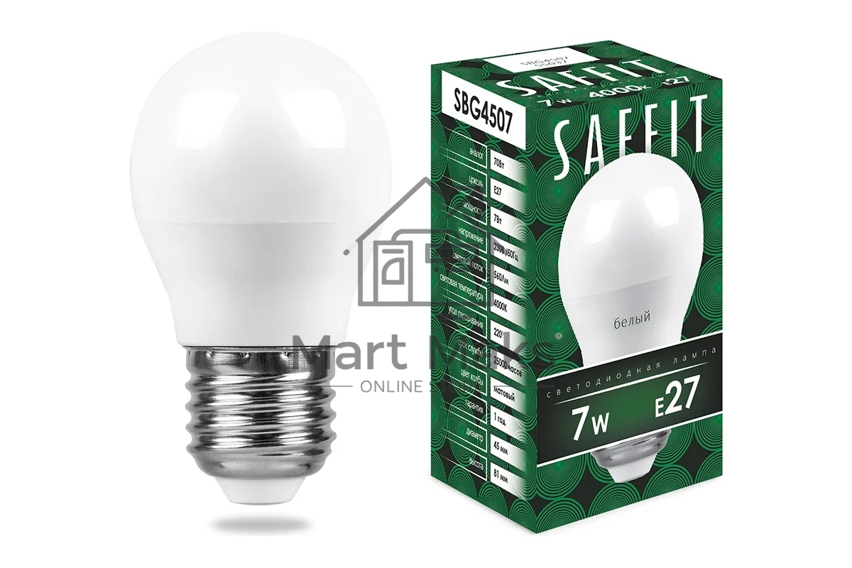 Лампа светодиодная SAFFIT SBG4507 (55037) 7 вт Е27 белый матовый шар