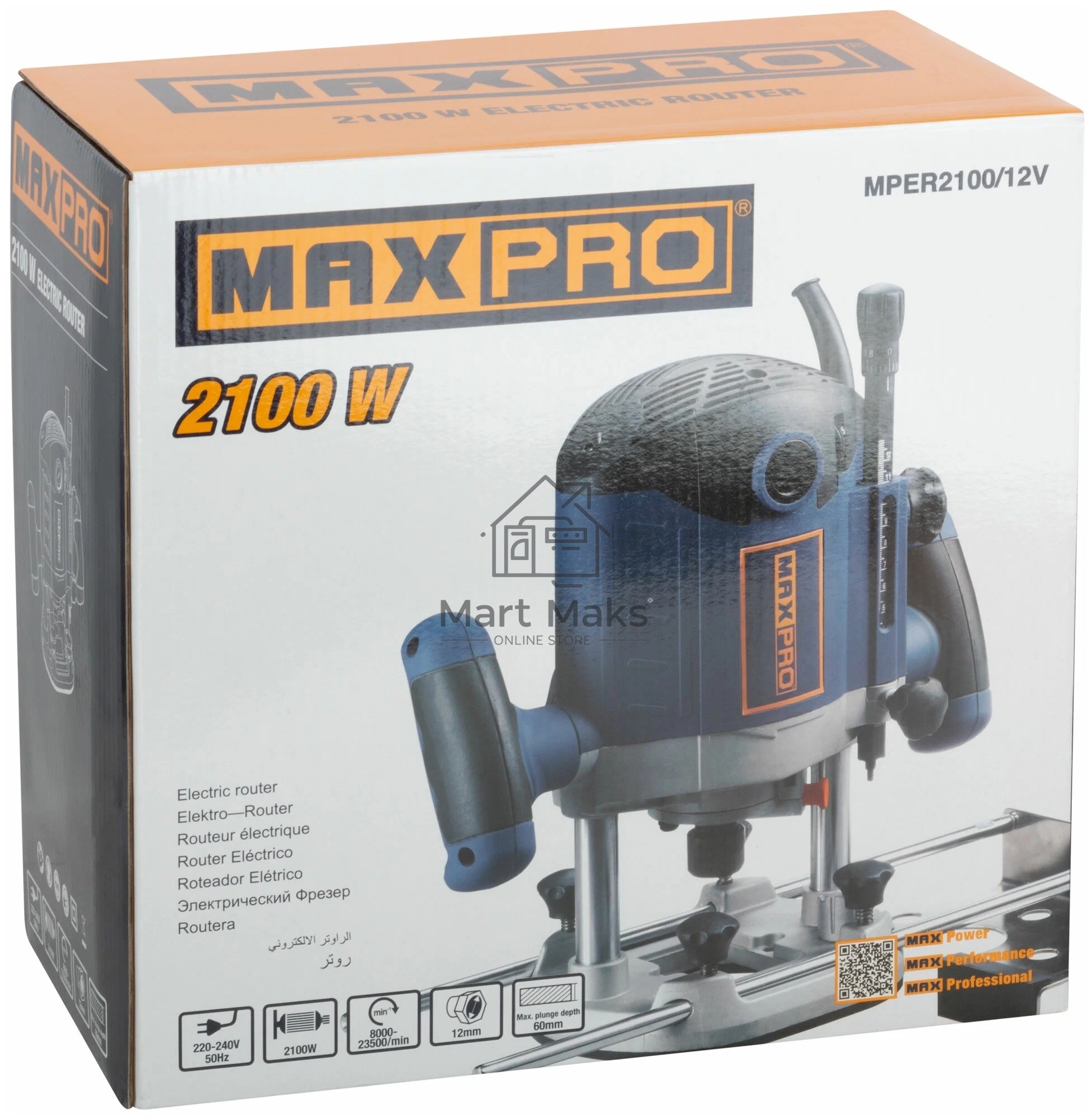 Фрезер MAX-PRO MPER2100/12V 2100 Вт, 8000-23500 об/мин, цанга 6/8/12 мм, 60 мм, 4,1 кг, алюминиевый корпус, резиновый кабель, коробка