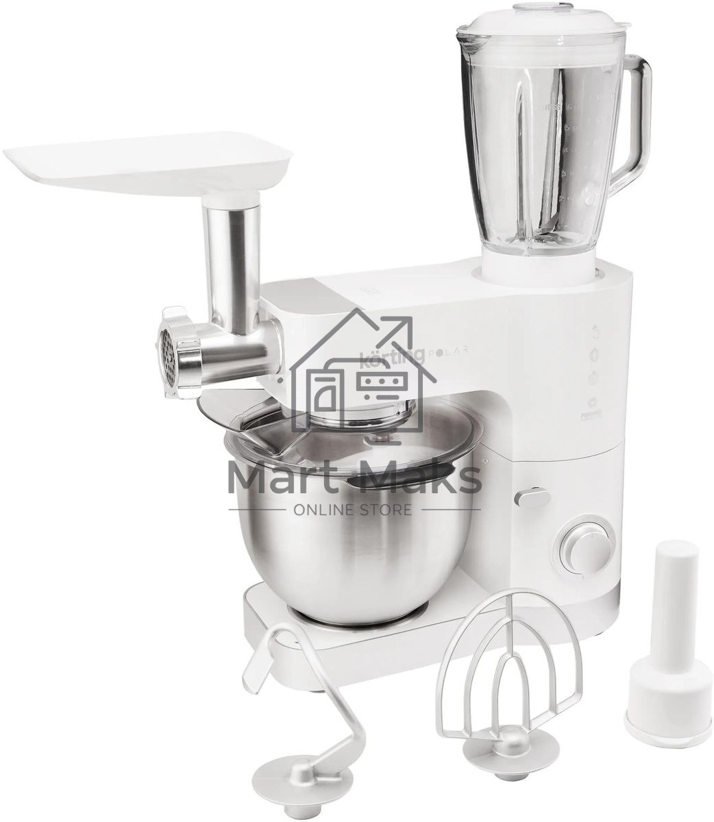 Кухонная машина Korting KKM 0105 Polar мощность 1200 Вт, 7 насадок (планетарный миксер с 3-мя насадками, мясорубка, насадка для колбас, насадка для кеббе, насадка-блендер), объем чаши 5.5 л, 8 скоростей, импульсный режим, механическое управление, белый