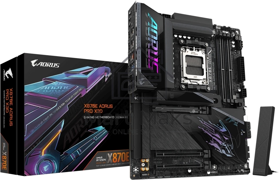 Материнская плата Gigabyte X870E AORUS PRO X3D, AM5, AMD X870E, 4xDDR5, 4xSATA, 4xM.2, 1xPCIe 5.0 x16, 1xPCIe 4.0 x16, 1xPCIe 3.0 x16, 1xHDMI, 1x5Gb LAN, Wi-Fi 7, Bluetooth 5.4, 2xUSB-C 40Gbps (USB4), 2xUSB-C 10Gbps, 5xUSB-A 10Gbps, 3xUSB-A 5Gbps, 3x3.5 мм + S/PDIF оптический, 7.1, чёрный, ATX