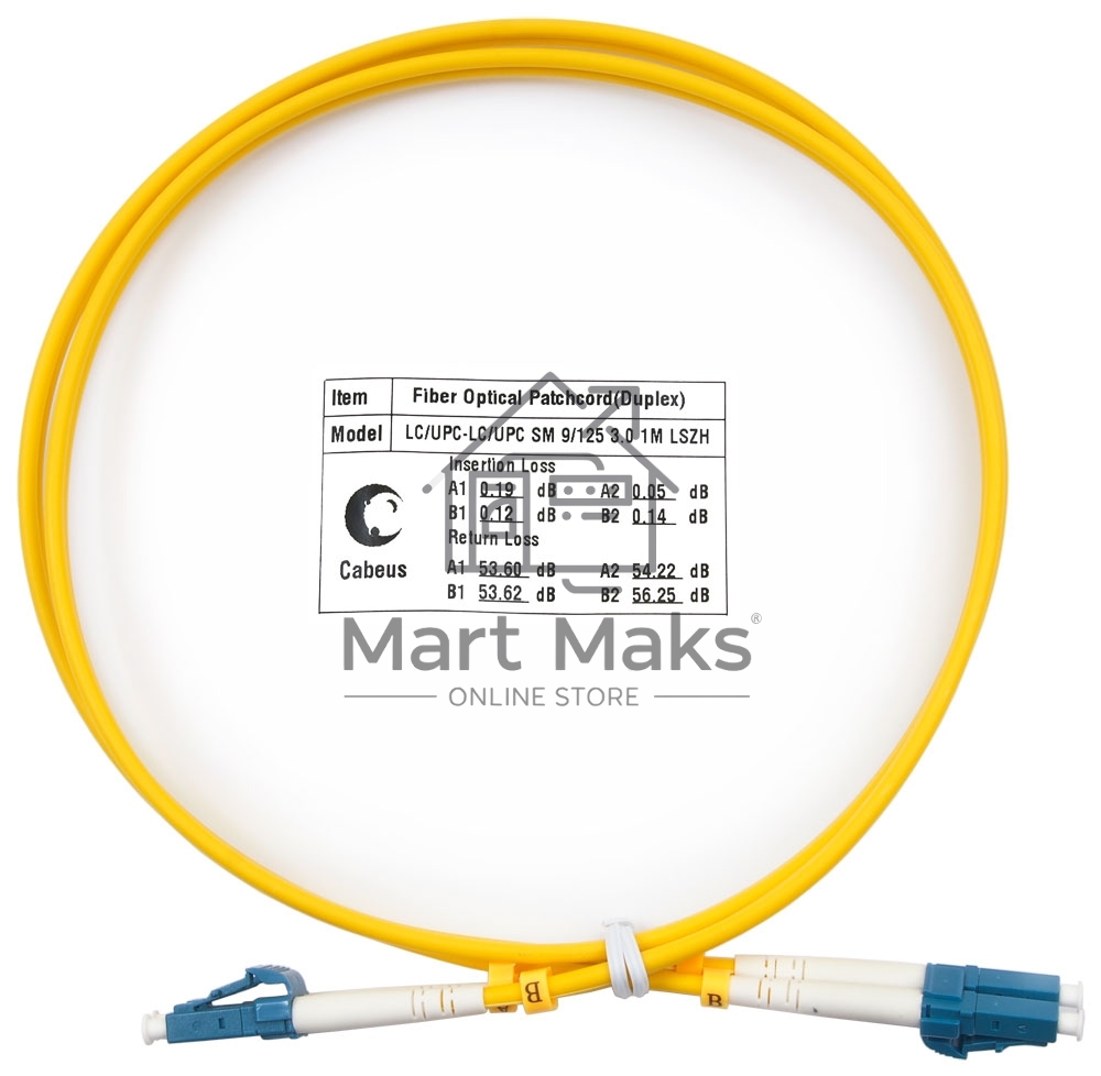 Патч-корд оптический Cabeus Tight Buffer, Duplex LC/LC, OS2 9/125, LSZH, 1м, Ø 3мм, синий хвостовик, желтый